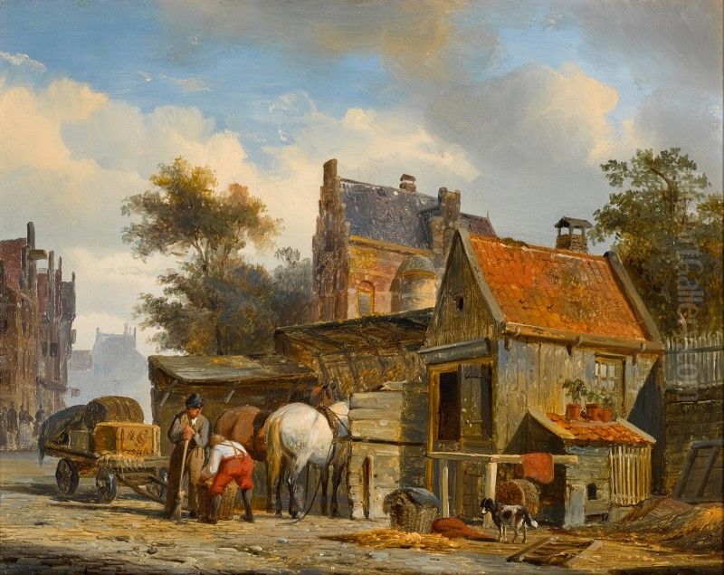 A Street Scene with a Blacksmith at Work Oil Painting by unknown