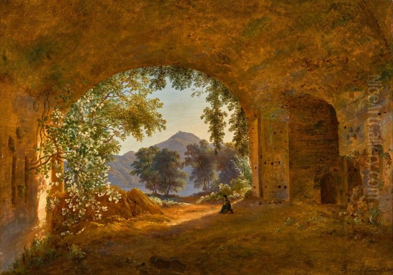 A Grotto with Castel Gandolfo Beyond Oil Painting by unknown
