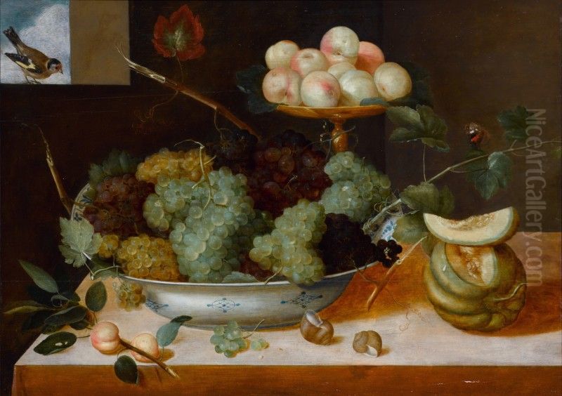 Still life with grapes in a porcelain dish and peaches on a tazza, with melons and snails Oil Painting by unknown