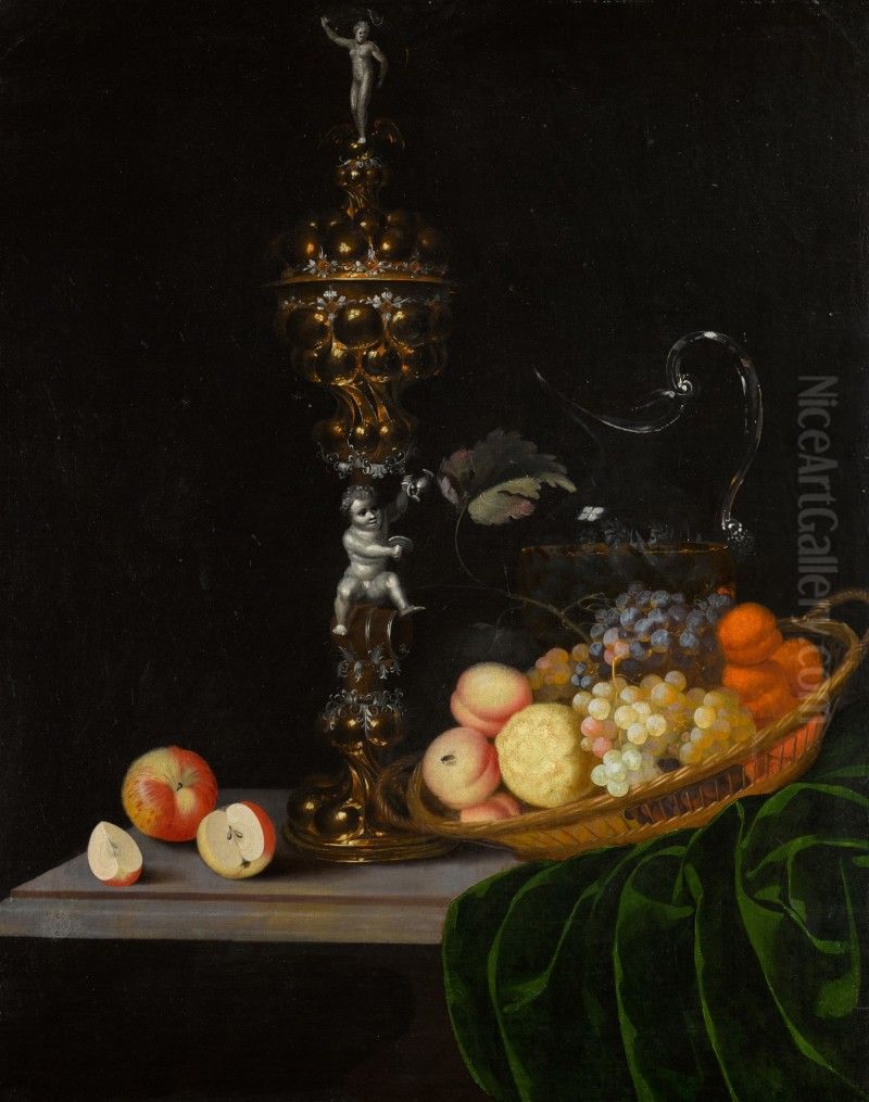 Still life with an elaborate silver gilt standing cup, a basket of fruit, and a glass wine jug upon a partly draped table Oil Painting by unknown