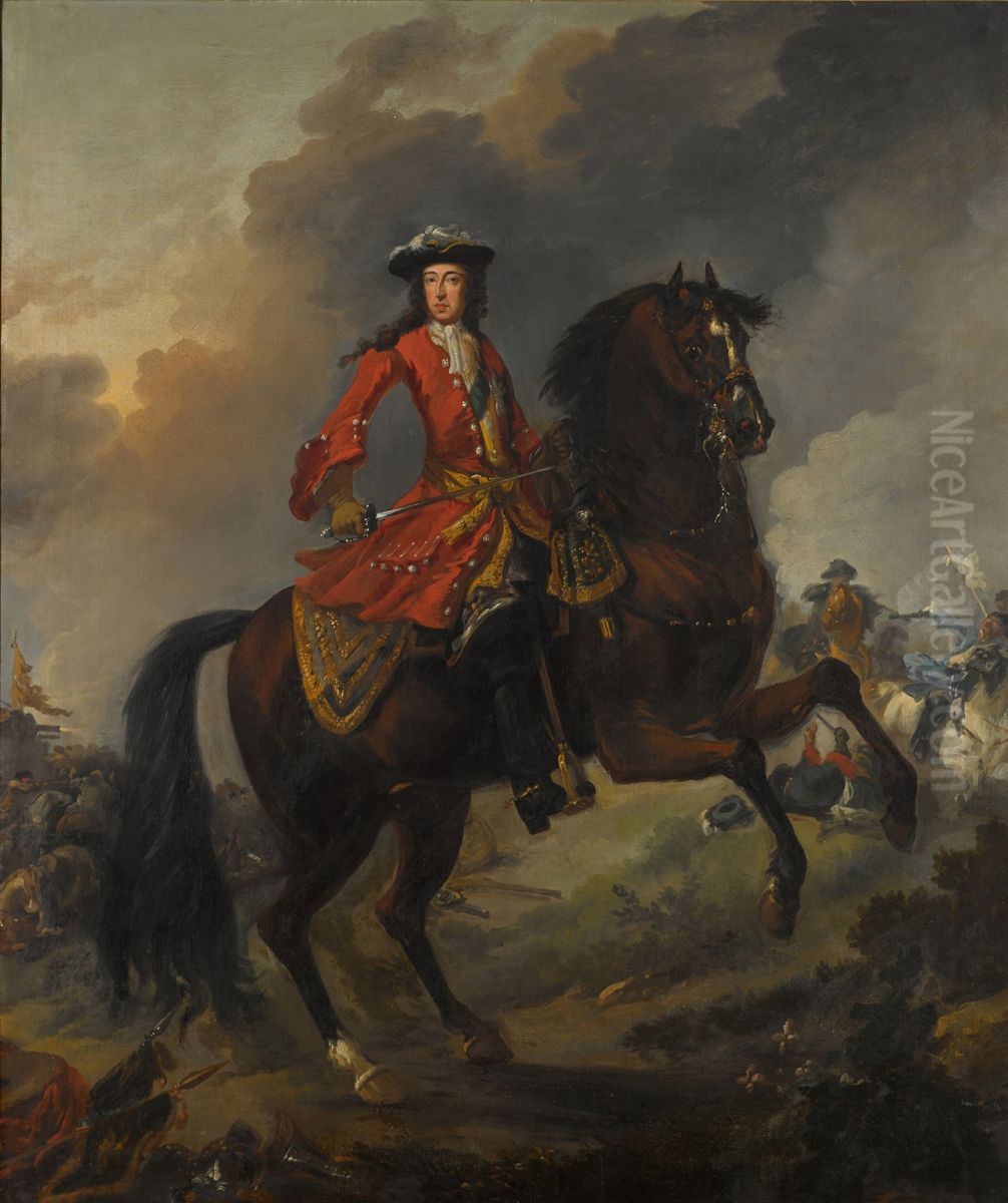 Equestrian Portrait of King William III (1650-1702), a battle beyond Oil Painting by unknown