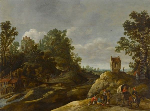 A landscape with peasants resting by a watermill Oil Painting by unknown