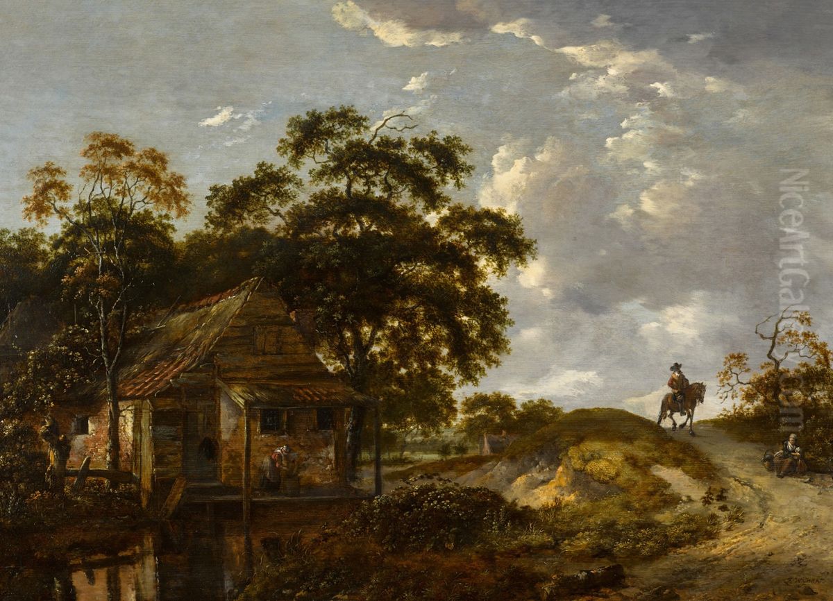 Landscape with a cottage by a river and a woman scouring a pot, a gentleman on horseback on a path Oil Painting by unknown