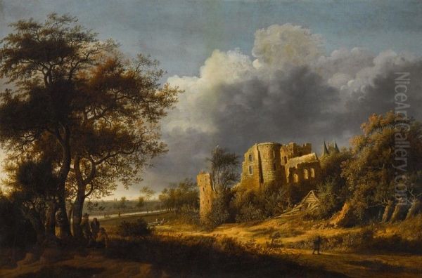 A landscape with the ruined castle of Egmond, a river beyond Oil Painting by unknown