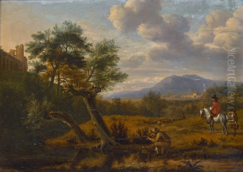 Southern landscape with a man shooting by a pond, a gentleman on horseback with a boy, and a shepherd with his flock beyond Oil Painting by unknown