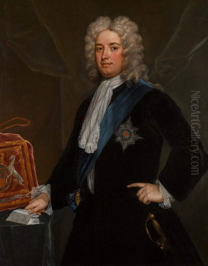 Portrait of Sir Robert Walpole, 1st Earl of Orford (1676-1745) as Chancellor of the Exchequer, standing three-quarter-length, in a black velvet coat, wearing the Star and Riband of the Order of the Garter Oil Painting by unknown