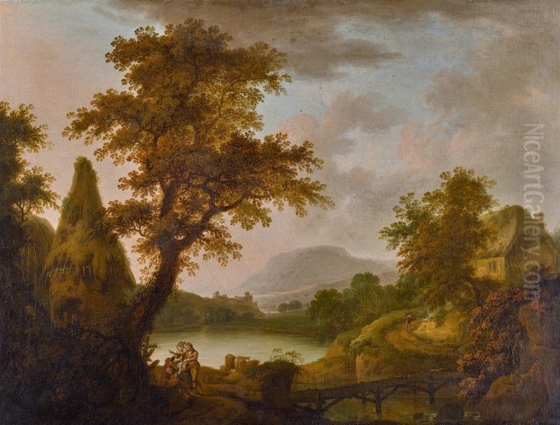 Lake scene with a cottage and a group of figures Oil Painting by unknown