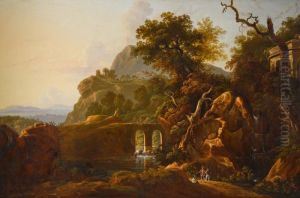 A capriccio landscape with travellers below a rocky outcrop