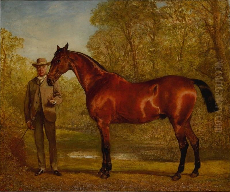 MR. W. JAMES HOLDEN WITH HIS FAVORITE HUNTER IN A LANDSCAPE Oil Painting by unknown