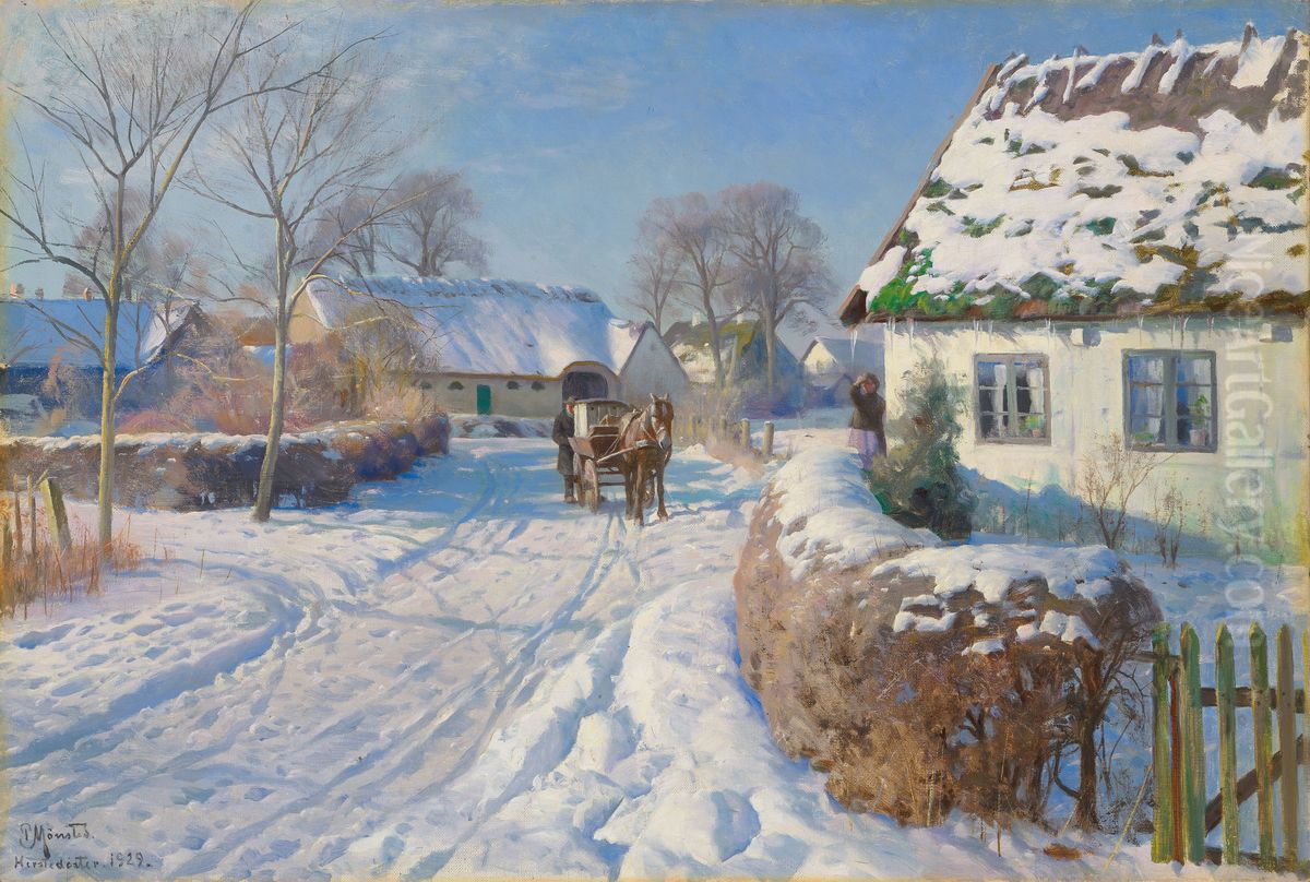 A village in the snow Oil Painting by Peder Mork Monsted
