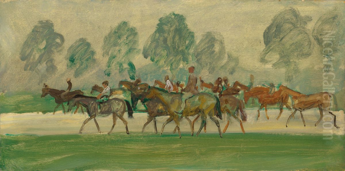 Horses at exercise on Warren Hill, Newmarket, early morning Oil Painting by unknown