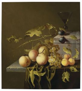 Peaches, grapes, a facon de Venise glass and a casket on a partially draped stone ledge