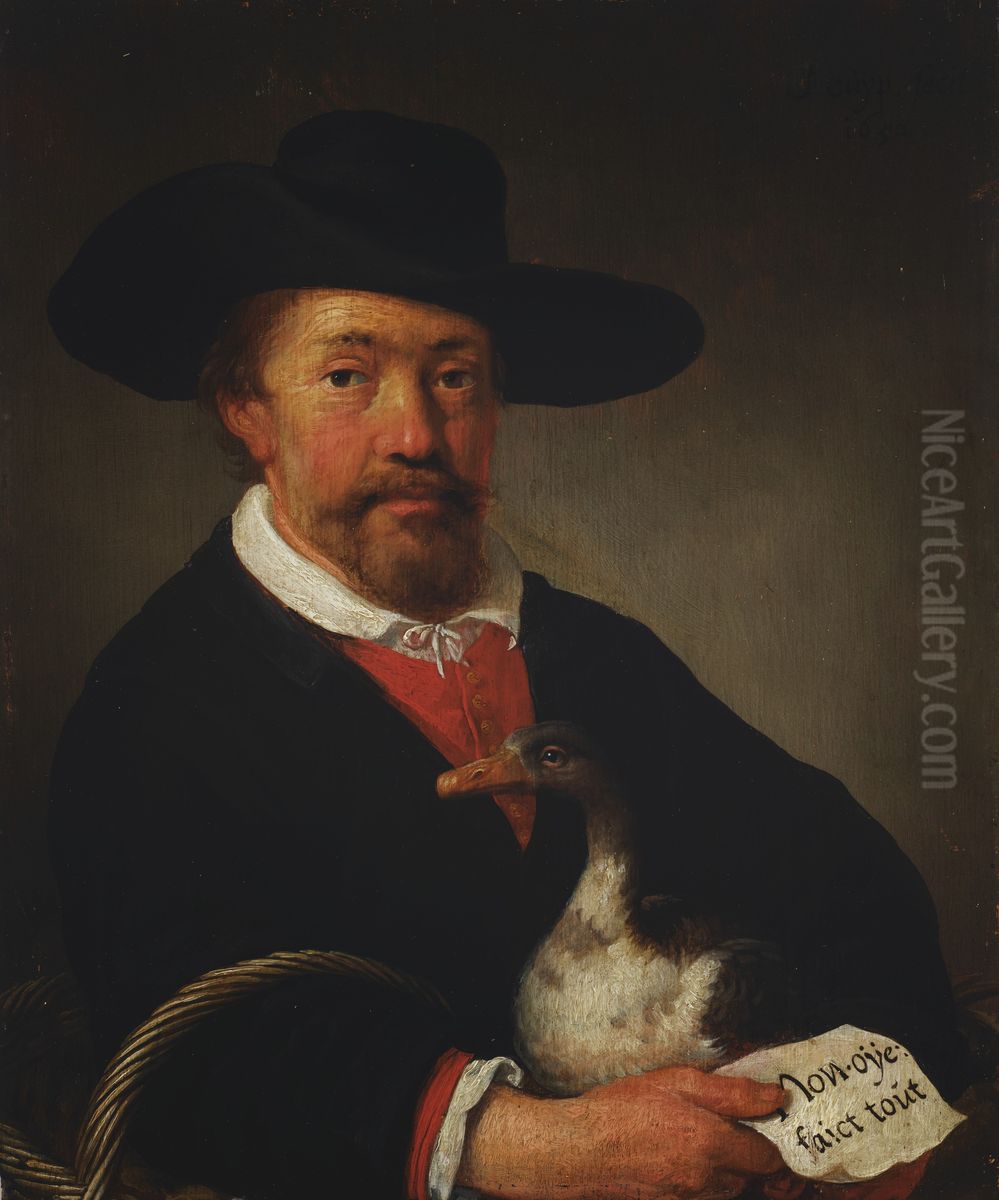 A man wearing a hat and holding a goose and letter Oil Painting by unknown