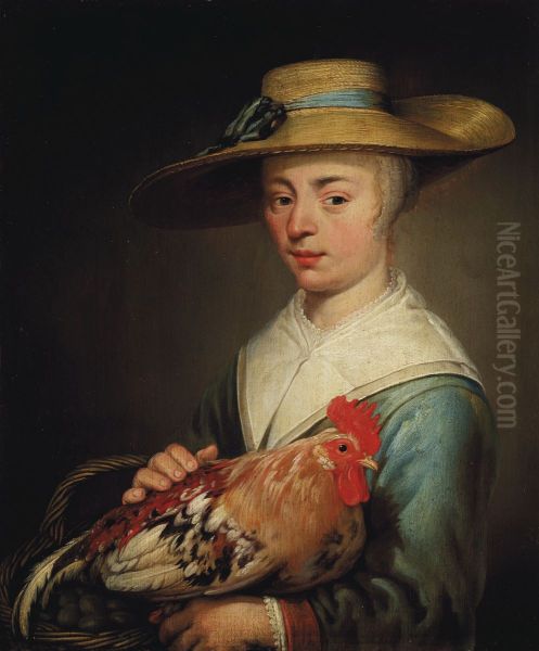 A young woman wearing a straw hat and holding a hen and a basket of eggs Oil Painting by unknown