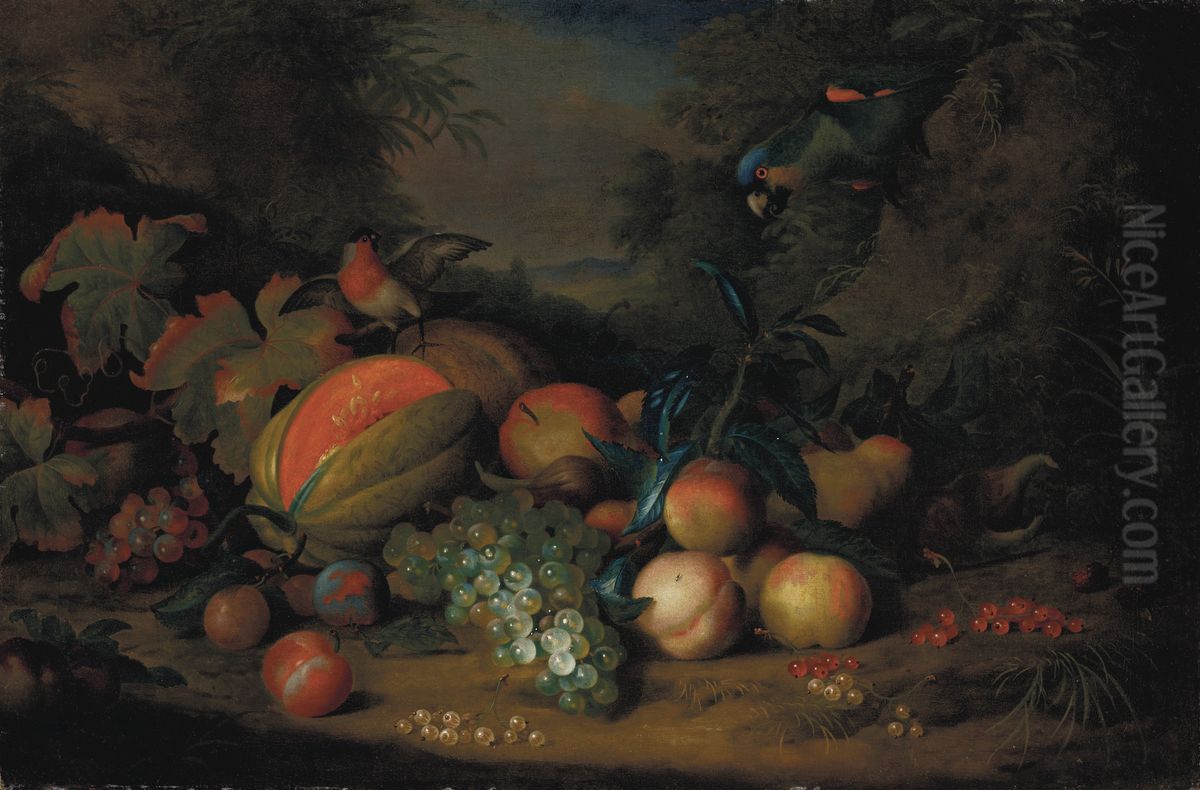 A split melon, peaches, plums, grapes, apples and currants with a parrot and a bullfinch, a mountainous landscape beyond Oil Painting by unknown