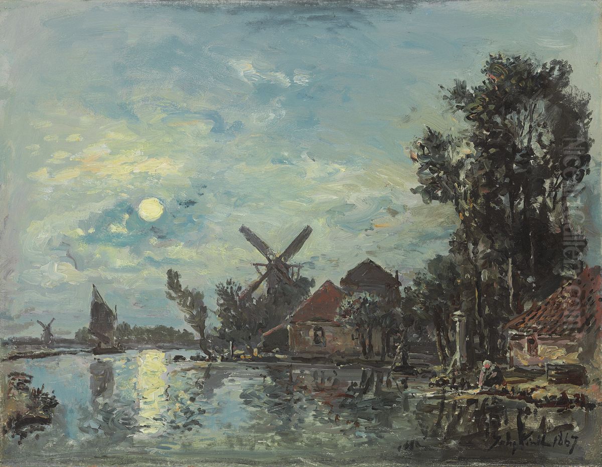 Moon effect on the estuary, Holland Oil Painting by Johan Jongkind