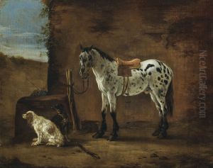 A piebald horse tied to a hitching post and two dogs before an inn