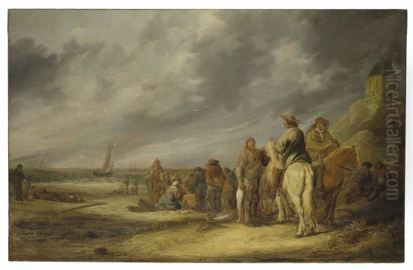 Fisherfolk and horsemen on a beach Oil Painting by Benjamin Gerritsz Cuyp