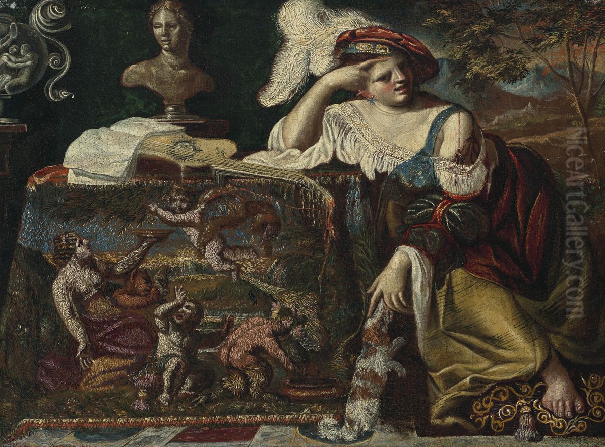A lady seated at a table draped with a tapestry Oil Painting by Pseudo-Caroselli