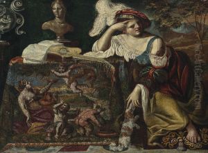 A lady seated at a table draped with a tapestry