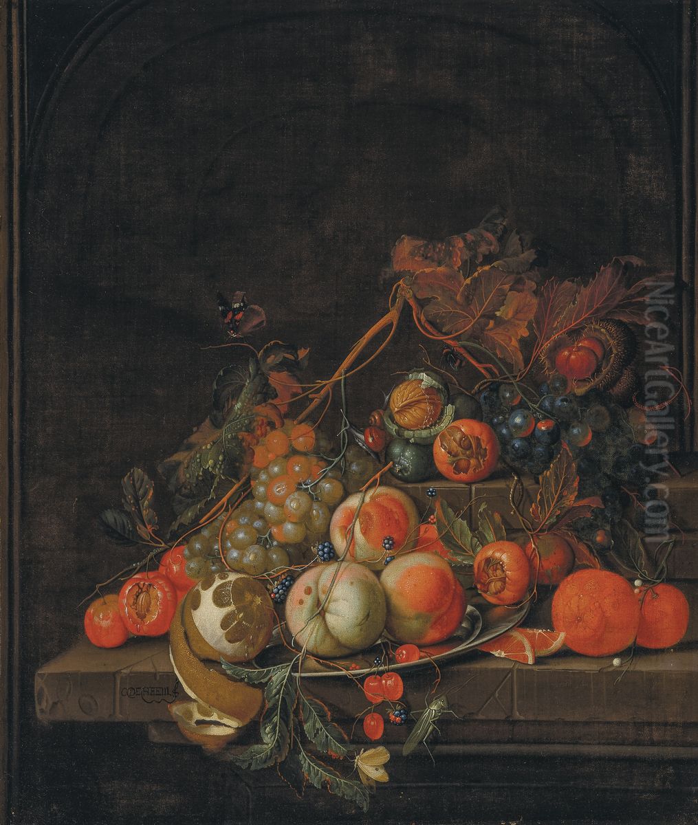 Peaches, grapes, oranges, a partially peeled lemon, medlars and other fruit on a two-tiered stone ledge, with nuts, a grasshopper and a butterfly before a niche Oil Painting by Cornelis De Heem