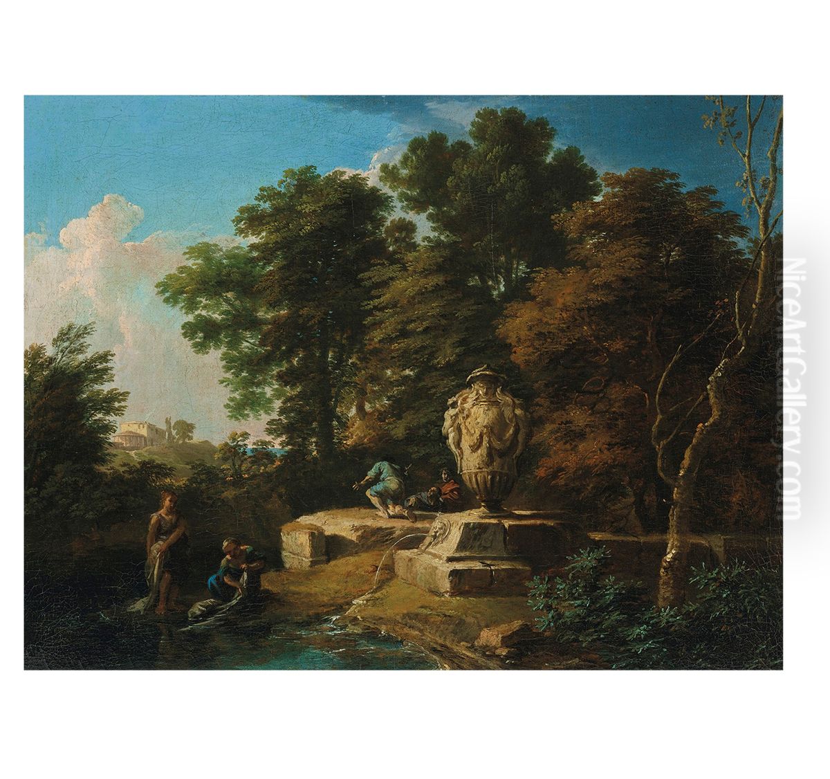 An Italianate landscape with washerwomen and shepherds by a fountain Oil Painting by Andrea Locatelli
