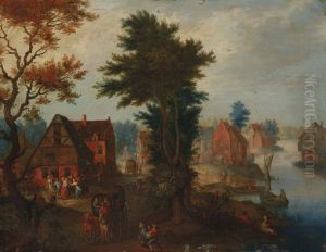 A river landscape with boats and carriages by a village
