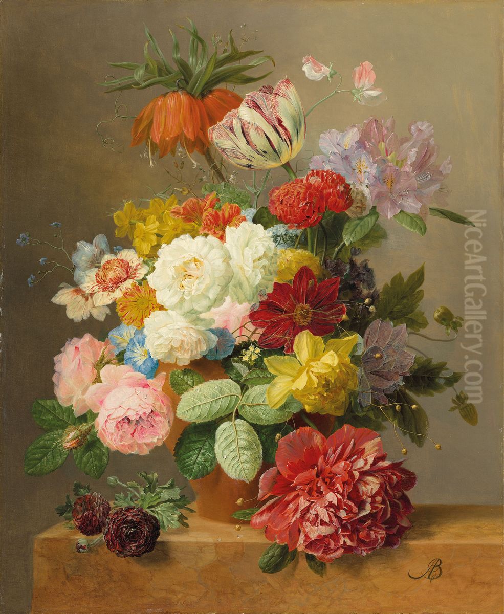 Still life with roses, peonies, tulips, narcissi, convulvulus and others in a vase on a marble ledge Oil Painting by Arnoldus Bloemers