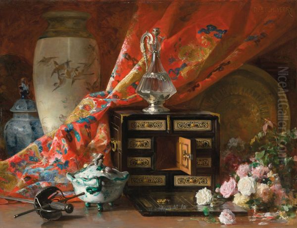A cabinet, flowers and crystal ewer on a ledge Oil Painting by Hubert-Denis Etcheverry