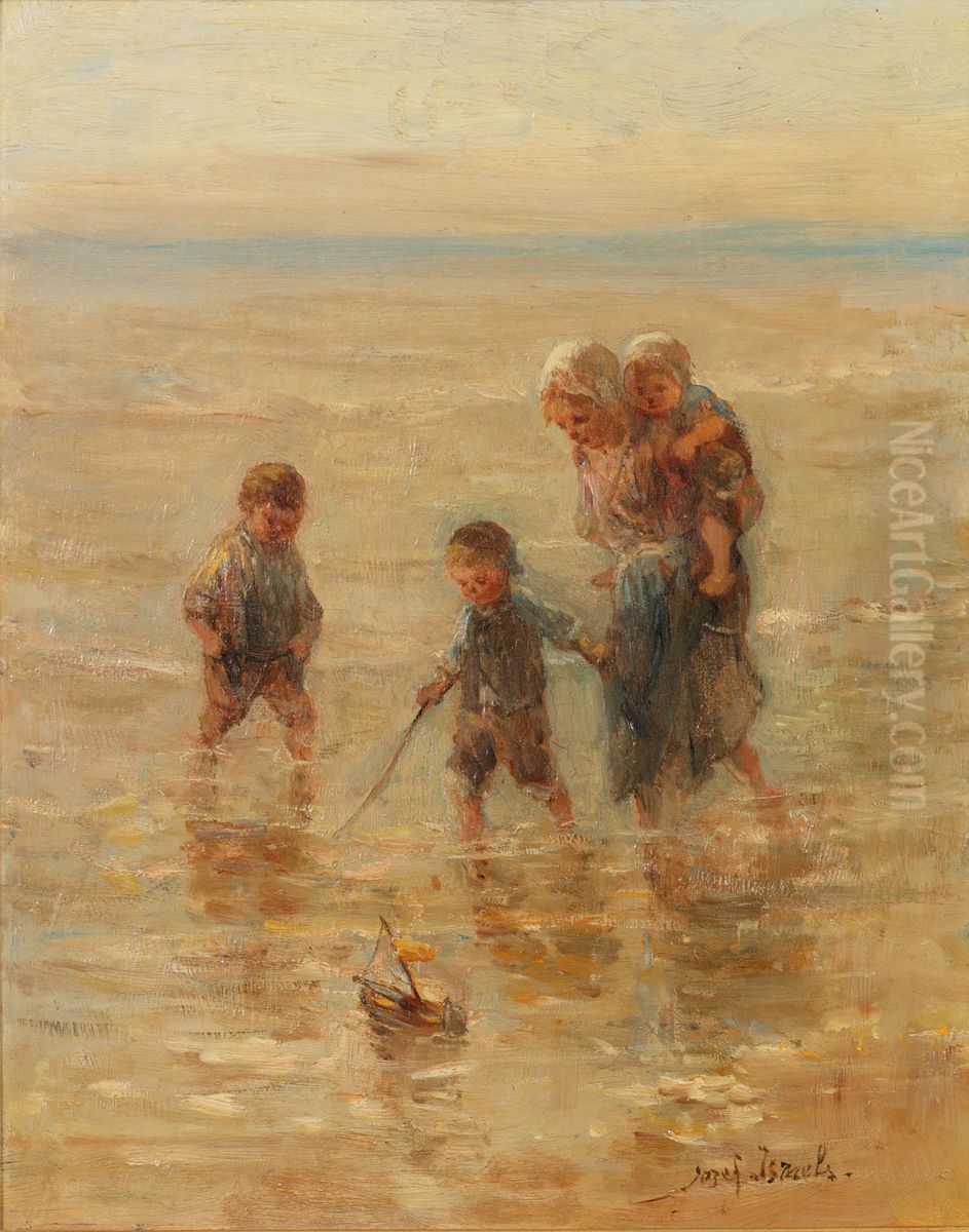 Kinderen der zee; children playing in the surf Oil Painting by Jozef Israels