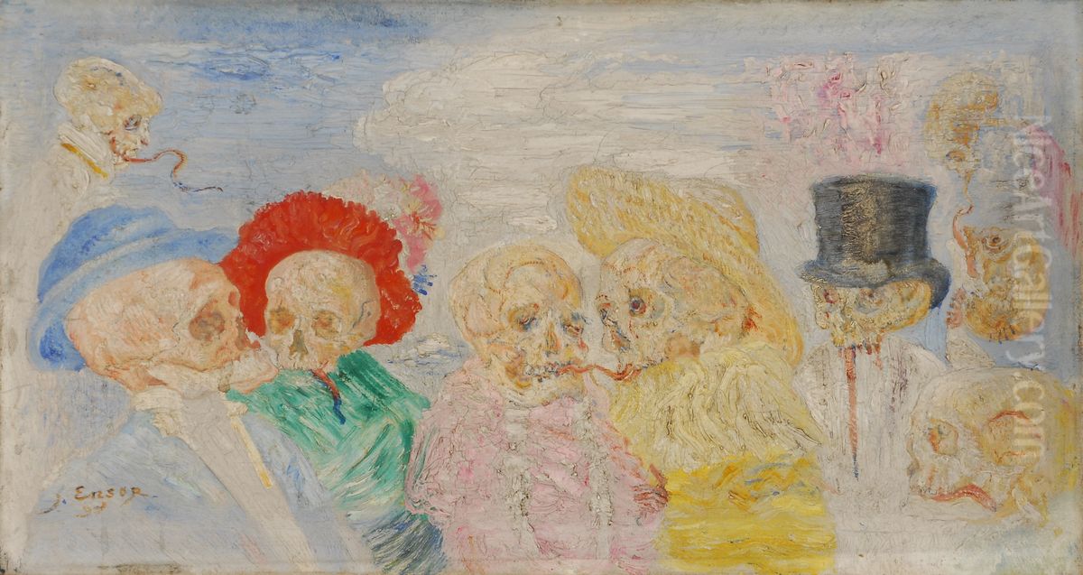 Geraamten in travestie Oil Painting by James Ensor