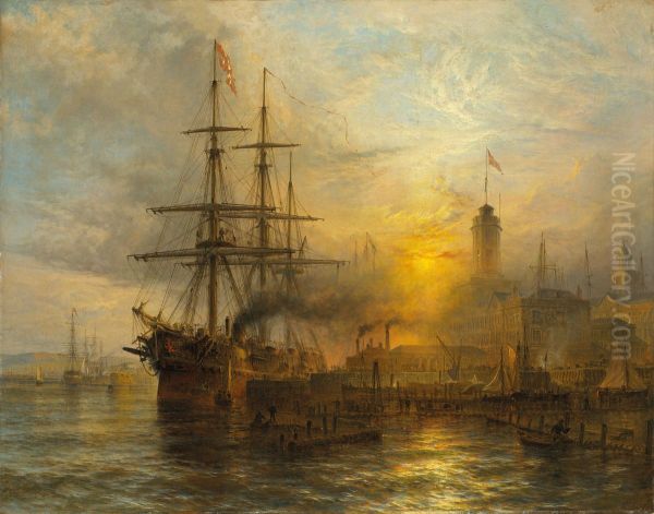 A Danish steamer moored alongside a busy dock Oil Painting by Henry Thomas Dawson