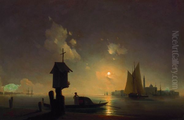 Sea view from the chapel on the shore. Oil Painting by Ivan Aivazovsky