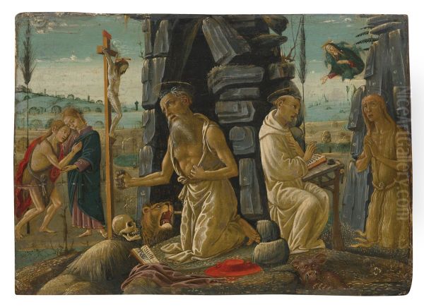 St Jerome, Christ and John the Baptist Oil Painting by Jacopo da Sellaio