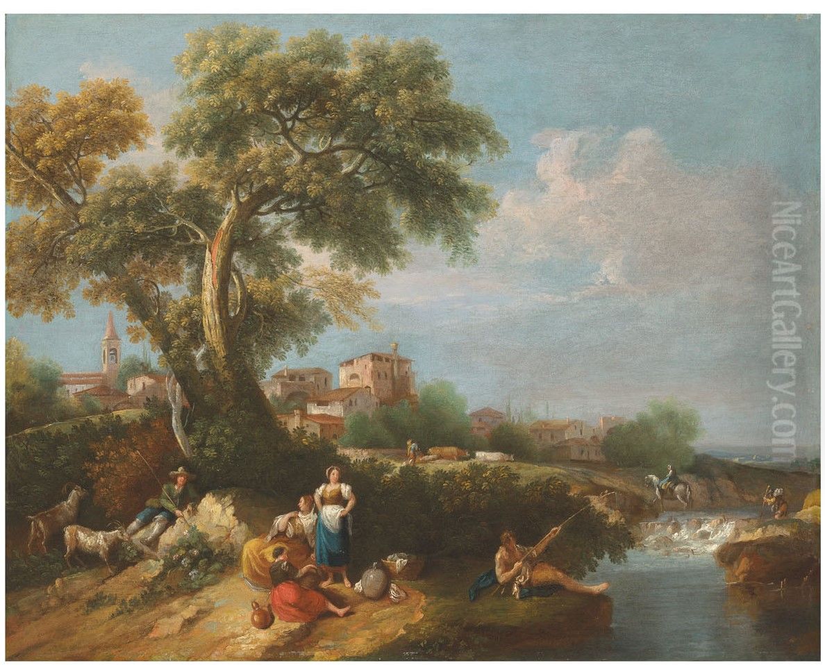 Wooded Landscape with a Fisherman on a Bank Oil Painting by Francesco Zuccarelli