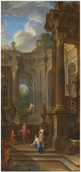 An architectural capriccio with David, Bathsheba and Solomon Oil Painting by Giovanni Paolo Panini