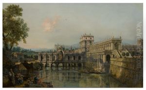 ARCHITECTURAL CAPRICCIO WITH A PALACE BESIDE A MOAT AND FIGURES IN THE FOREGROUND