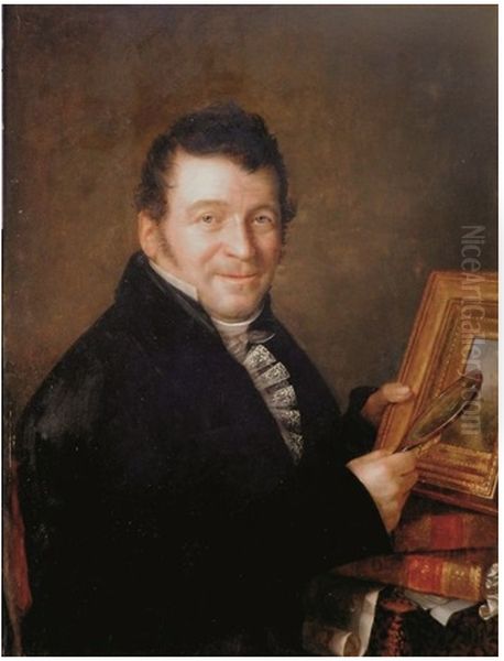 Portrait d'Augustin Miron examinant un petit tableau a la loupe Oil Painting by Jean Baptiste Mutin