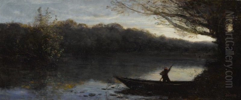 BATELIER ABORDANT A LA RIVE, LE SOIR Oil Painting by Jean-Baptiste Camille Corot