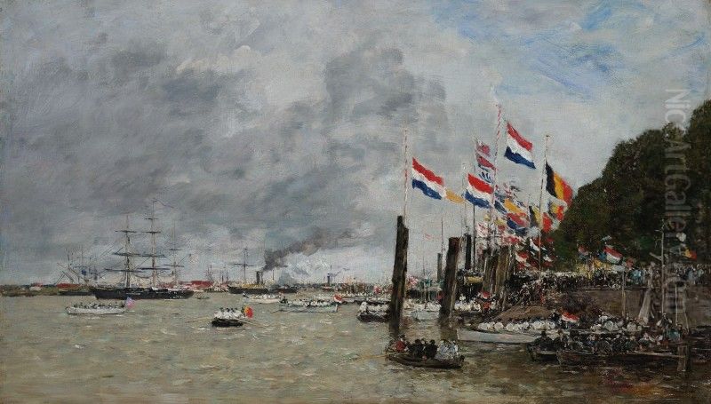 ANVERS. LA FLOTTE ANGLAISE VIENT PRENDRE LES RESTES DES SOLDATS ENTERRES DANS LA CITADELLE Oil Painting by Eugene Louis Boudin