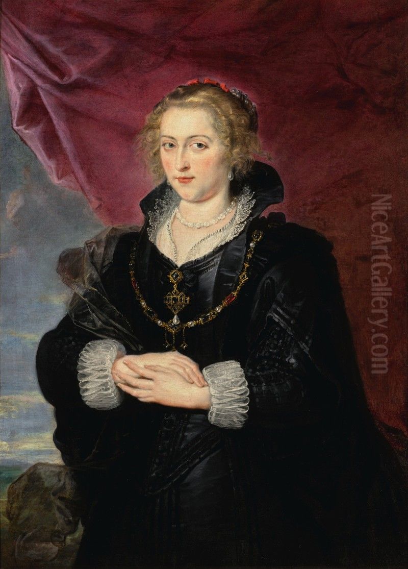 PORTRAIT OF A LADY, THREE-QUARTER LENGTH, WEARING AN ELABORATE BLACK DRESS AND CLOAK, BEFORE A RED DRAPE AND A DISTANT LANDSCAPE Oil Painting by (studio of) Rubens, Peter Paul