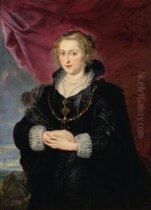 PORTRAIT OF A LADY, THREE-QUARTER LENGTH, WEARING AN ELABORATE BLACK DRESS AND CLOAK, BEFORE A RED DRAPE AND A DISTANT LANDSCAPE