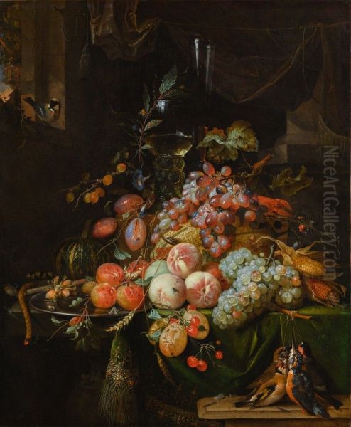 STILL LIFE WITH PLUMS, PEACHES, APRICOTS, GRAPES AND A MELON, WITH A ROEMER GLASS AND A FLUTE GLASS, ALL ON A DRAPED TABLE, A GOLDFINCH ON THE WINDOW SILL AND A BRACE OF SONGBIRDS Oil Painting by Abraham Mignon