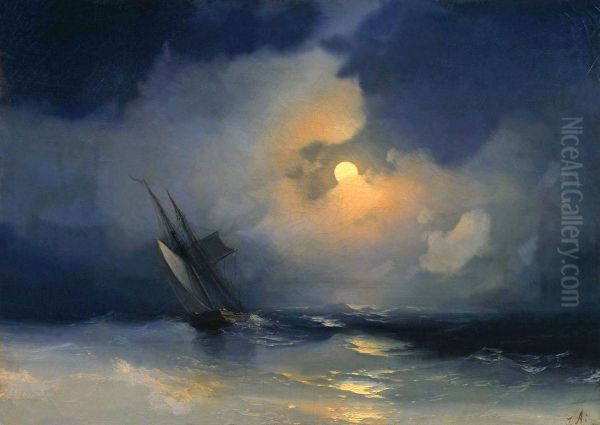Storm at Sea on a Moonlit Night Oil Painting by Ivan Aivazovsky