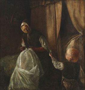 A boy showing a green pea to his grandmother