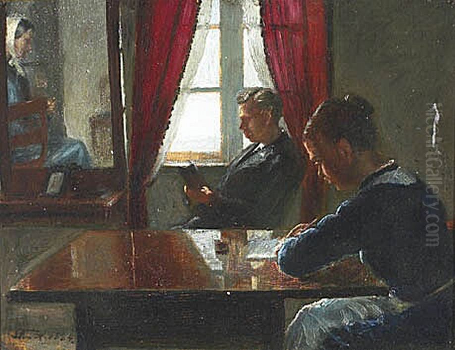 Interior med laesende herre samt skrivende dame. Oil Painting by Laurits Andersen Ring