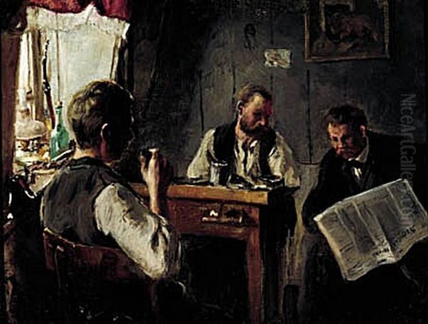 Interior from a shoemaker's home. A man is reading the paperSocialdemokratenfor two others. Oil Painting by Laurits Andersen Ring