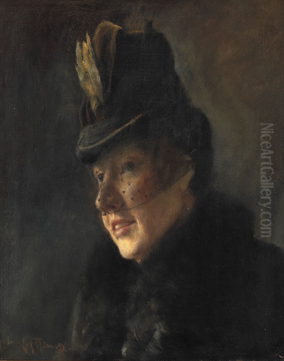 Portrait of a young woman in coat with fur collar and hat with veil Oil Painting by Laurits Andersen Ring