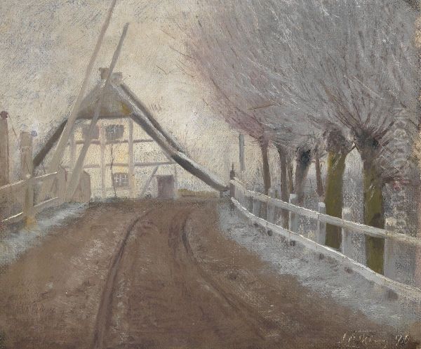 Jernbaneoverkorslen ved L. A. Rings barndomshjem i Ring. Rimtage Oil Painting by Laurits Andersen Ring
