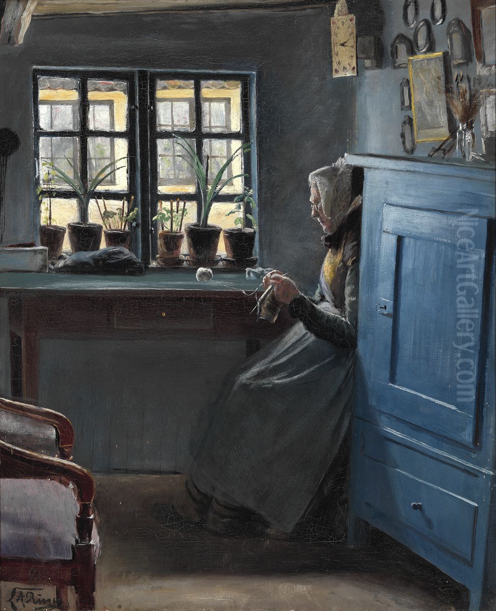 En gammel strikkende kone fra Lille Naestved, set fra venstre side, siddende ved vinduet i en stue, i hvilken et blamalet skab til hojre i forgrunden Oil Painting by Laurits Andersen Ring